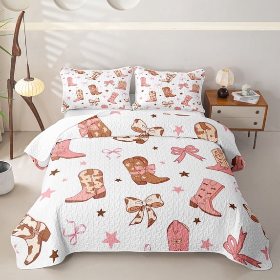 Homewish White Pink Cowgirl Boots Bow Star Print Twin Quilt Set,Western Style Twin Coverlet Set For Girls,2 Pieces