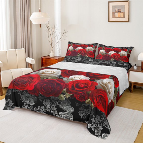 Homewish White Red Rose Bed Sheets, Romantic Anniversary Flower King Sheets, Bohemian Damask Print Sheet Set, Lightweight Room Decor, 4pcs