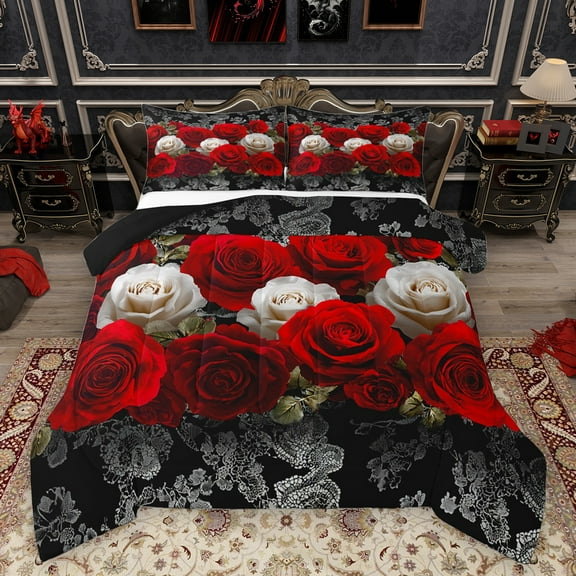 Homewish White Red Rose Queen Comforter Set, Romantic Anniversary Flower Bedding Sets, Bohemian Damask Print Reversible Bedding Comforter Set, Lightweight Room Decor, 3pcs