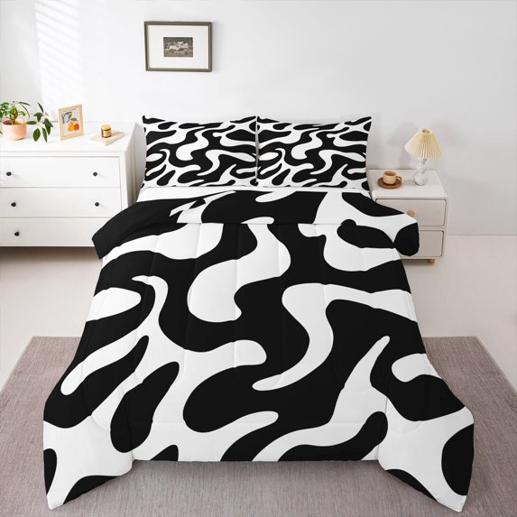 Homewish White Wavy Spiral Full Size Comforter Sets,Abstract Modern Bedding Comforter Set,Black Reversible,3-Piece,1 Comforter and 2 Pillowcases
