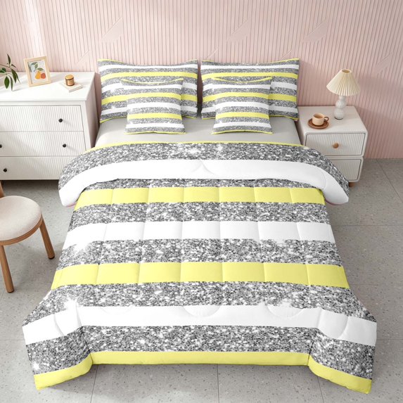 Homewish White Yellow Stripe Queen Bedding, Silver Glitter Sequin Print Bedding Comforter Set Queen, Gray Reversible, 7-Piece