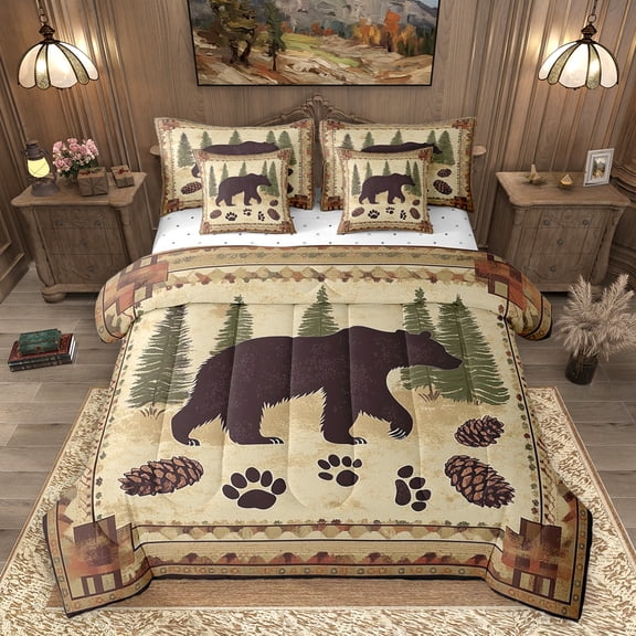 Homewish Wild Animal Baer 7pcs Bedding Comforter Set,Cute Bear Paws Queen Bedding Sets,Rustic Pine Cone Queen Sheet Sets For Adults,Breathable Home Decor Reversible