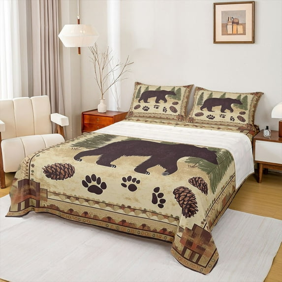 Homewish Wild Animal Baer Full Size Sheets,Cute Bear Paws Bed Sheets,Rustic Pine Cone Sheet Sets For Adults,Breathable Home Decor,4-Piece