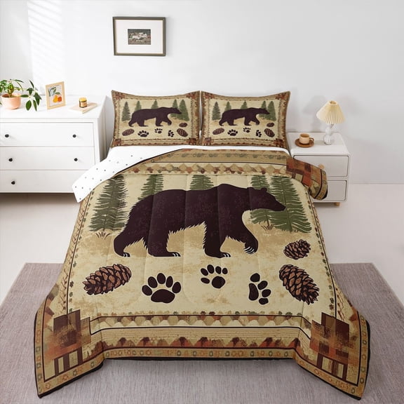 Homewish Wild Animal Baer Queen Comforter Set,Cute Bear Paws Bedding Sets,Rustic Pine Cone Bedding Comforter Set For Adults,Breathable Home Decor Reversible,3 Pieces