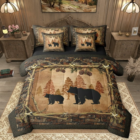 Homewish Wild Animal Bear 7-Piece Twin Bedding Sets,Western Cowboy Tribal Bedding Comforter Set,Rustic Farmhouse Cabin Sheet Sets For Kids,Luxury Bedroom Decor Reversible