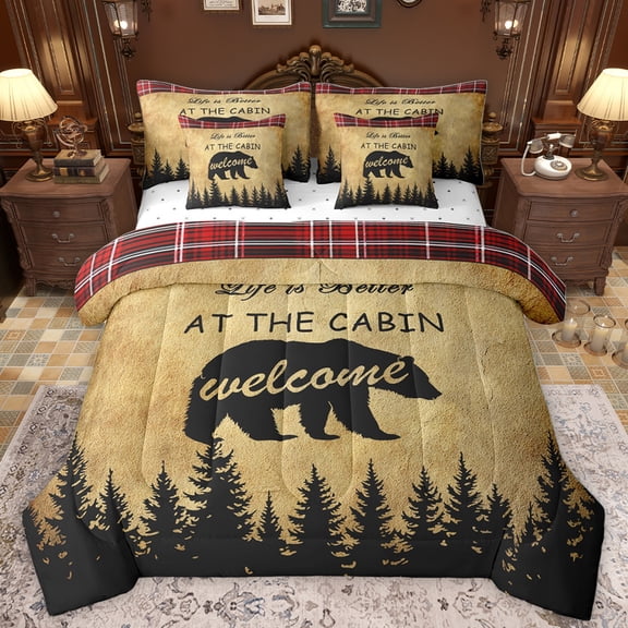 Homewish Wild Animal Bear 7pcs Bedding Comforter Set,Country Farmhouse Cabin Queen Bedding Sets,Black Brown Queen Sheet Sets For Men Women,Ultra Soft Home Decor