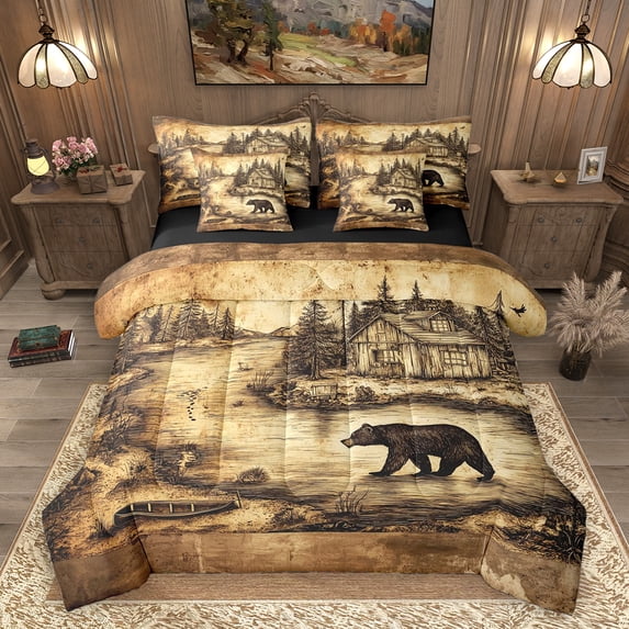 Homewish Wild Animal Bear 7pcs Bedding Comforter Set,Rustic Farmhouse Cabin Queen Bedding Sets,Beige Brown Queen Sheet Sets For Boys Kids,Ultra Soft Home Decor Reversible