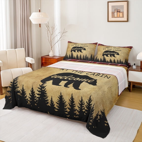 Homewish Wild Animal Bear Bed Sheets,Country Farmhouse Cabin King Sheets,Black Brown Sheet Set For Men Women,Ultra Soft Home Decor,4 Pieces