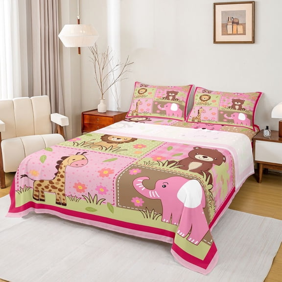 Homewish Wild Animal Bear Bed Sheets,Elephant Giraffe Lions King Sheets,Rustic Farmhouse Cabin Sheet Set For Boys Kids,Luxury Bedroom Decor,4-Piece