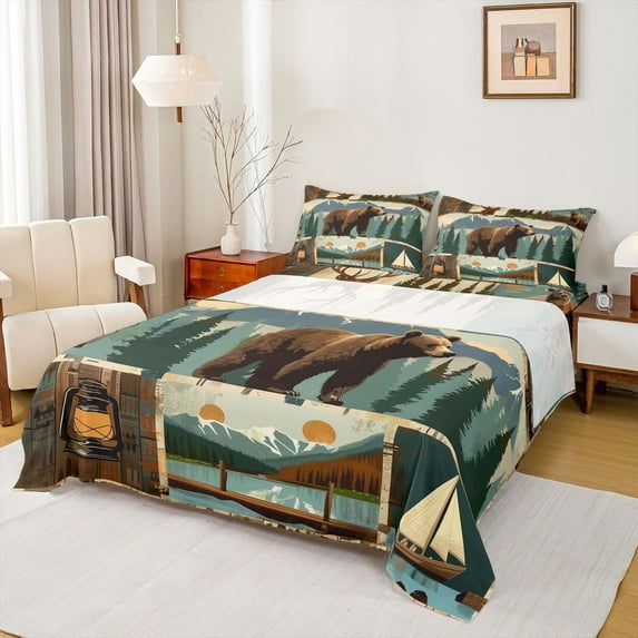 Homewish Wild Animal Bear Bed Sheets,Snom Mountain Pine Tree King Sheets,Green Blue Brown Sheet Set For Teens,Luxury Bedroom Decor,4pcs