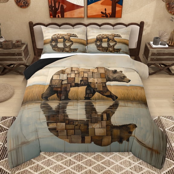 Homewish Wild Animal Bear Bedding Comforter Set,Abstract Patchwork Checkered Twin Comforter Sets,Jungle Wildlife Bedding Set For Teens,Luxury Bedroom Decor Reversible,2 Pieces