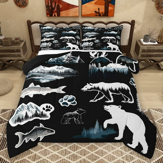 Homewish Wild Animal Bear Bedding Comforter Set,Hunting And Fishring Twin Comforter Sets,White Black Bedding Set For Teens,Luxury Bedroom Decor Reversible,2 Pieces