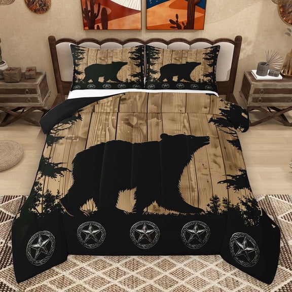 Homewish Wild Animal Bear Queen Comforter Set,Country Farmhouse Lodge Bedding Sets,Black Brown Bedding Comforter Set For Teens,Luxury Bedroom Decor Reversible,3 Pieces