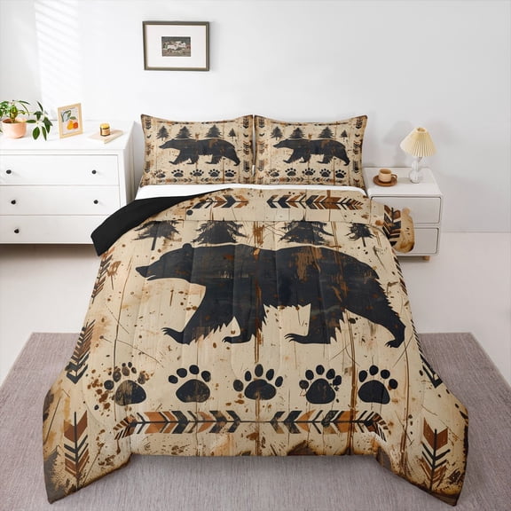 Homewish Wild Animal Bear Queen Comforter Set,Rustic Western Boho Bedding Sets,Brown Beige Bedding Comforter Set For Boys Kids,Ultra Soft Home Decor Reversible,3 Pieces