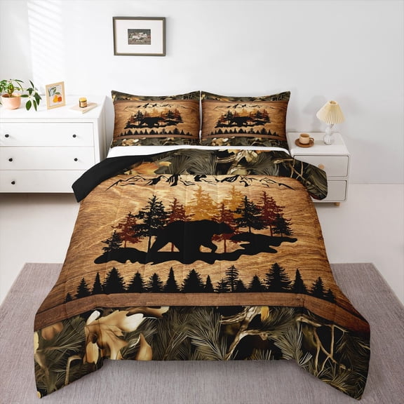 Homewish Wild Animal Bear Queen Comforter Set,Tropical Botanical Pine Tree Bedding Sets,Tan Black Bedding Comforter Set For Adults,Breathable Home Decor Reversible,3pcs
