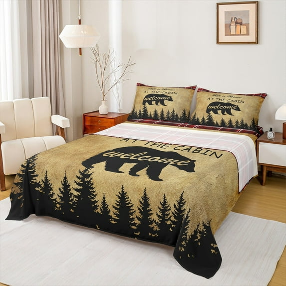 Homewish Wild Animal Bear Twin Sheet Sets,Country Farmhouse Cabin Twin Fitted Sheet,Black Brown Flat Sheet For Men Women,Ultra Soft Home Decor,3 Pieces