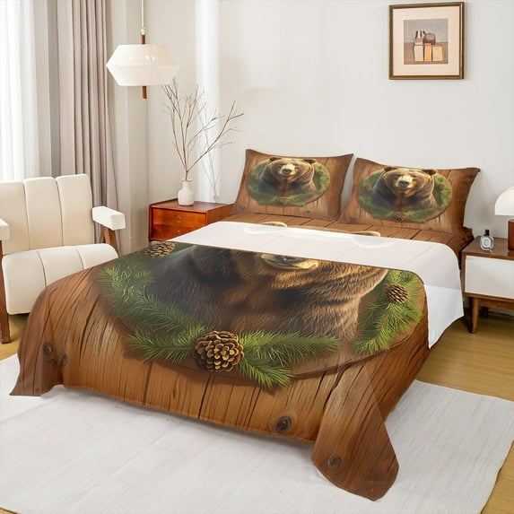 Homewish Wild Animal Bear Twin Sheet Sets,Country Pine Cone Twin Fitted Sheet,Rustic Farmhouse Cabin Flat Sheet For Kids,Luxury Bedroom Decor,3-Piece
