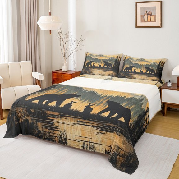 Homewish Wild Animal Bear Twin Sheet Sets,Cute Rabbit Silhouette Twin Fitted Sheet,Orange Brown Flat Sheet For Kids,Microfiber Bedroom Decor,3-Piece