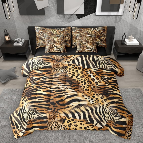 Homewish Wild Animal Cheetah 7pcs Bedding Comforter Set,Rustic Farmhouse Cabin Queen Bedding Sets,Brown Black Queen Sheet Sets For Adults,Breathable Home Decor Reversible