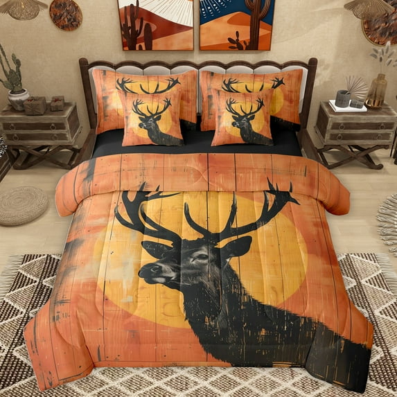 Homewish Wild Animal Deer 7-Piece Twin Bedding Sets,Jungle Wildlife Bedding Comforter Set,Black Orange Sheet Sets For Teens,Luxury Bedroom Decor Reversible