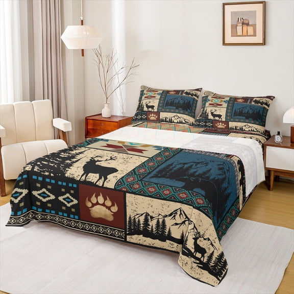 Homewish Wild Animal Deer Bed Sheets,Retro Rustic Aztec King Sheets,Westerb Boho Tribal Sheet Set For Boys Teens,Breathable Home Decor,4 Pieces