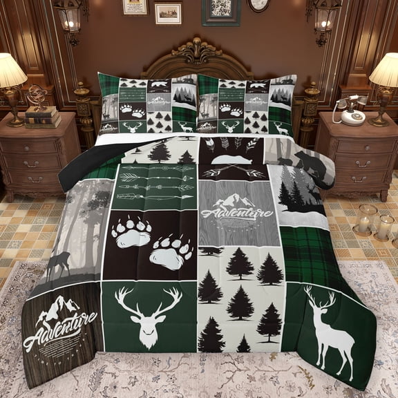 Homewish Wild Animal Deer Bedding Comforter Set,Outdoor Camping Adventure Twin Comforter Sets,Green Gray Bedding Set For Kids,Breathable Home Decor Reversible,2 Pieces