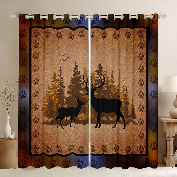 Homewish Wild Animal Deer Blackout Curtains Set of 2 (52x84 Each),Safari Bear Paws Window Curtains,Black Tan Curtains and Drapes For Boys Kids,Ultra Soft Home Decor