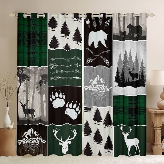 Homewish Wild Animal Deer Curtains Pack of 2 (42x84 Each),Outdoor Camping Adventure Curtains Blackout,Green Gray Bedroom Curtains For Kids,Breathable Home Decor