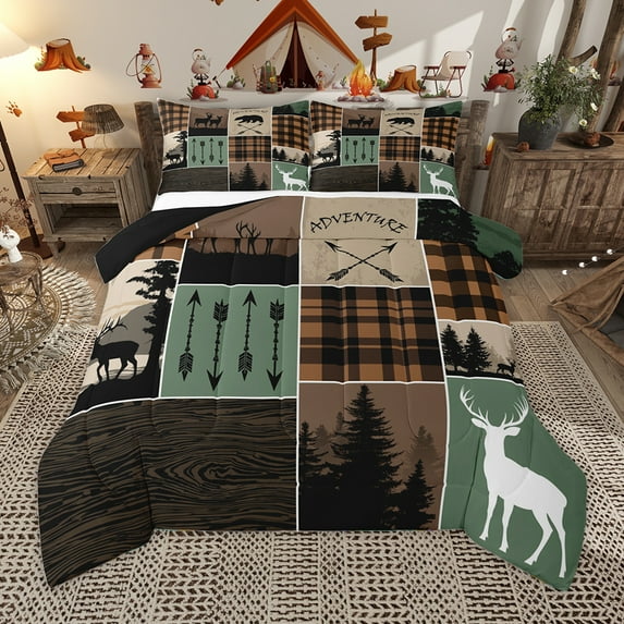Homewish Wild Animal Deer Queen Comforter Set,Patchwork Geometric Plaid Bedding Sets,Brown Green Bedding Comforter Set For Boy Kids,Super Cozy Room Decor Reversible,3 Pieces