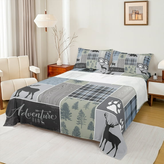 Homewish Wild Animal Deer Queen Sheet Sets,Tropical Botanical Pine Flat Sheet,Gray Green Queen Fitted Sheet For Boy Kids,Super Cozy Room Decor,4-Piece
