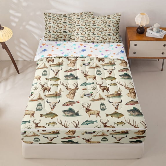 Homewish Wild Animal Deer Zipper Twin Comforter Sets with Fitted Sheet and 2 Pillowcases,Rustic Mallard Duck Zipper Bedding Set For Boys Kids,Reversible,4 Pieces