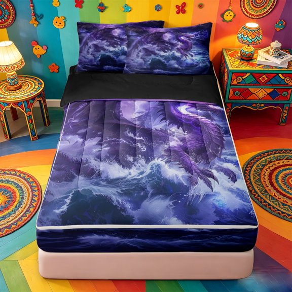 Homewish Wild Animal Dragon Zipper Twin Comforter Sets with Fitted Sheet and 2 Pillowcases,Purple Wave Lightning Magical Fantasy Pattern Zipper Bedding Set For Boys,Black Reversible,4pcs