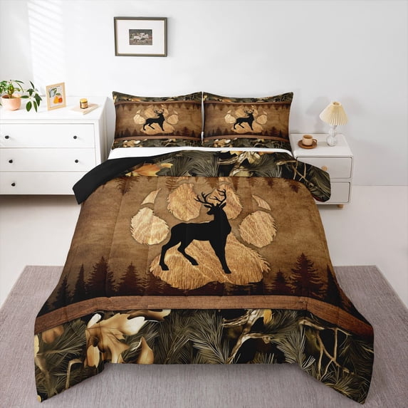 Homewish Wild Animal Elk Full Size Comforter Sets,Country Farmhouse Lodge Bedding Comforter Set,Brown Green Black Bedding Sets For Boys Kids,Ultra Soft Home Decor Reversible,3-Piece
