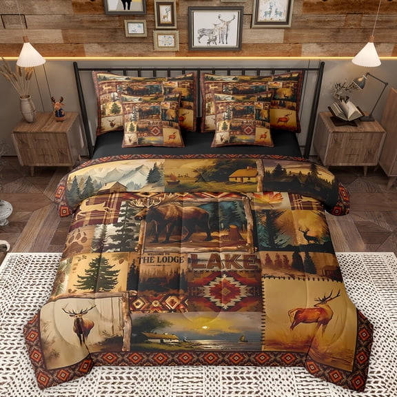 Homewish Wild Animal Moose 7-Piece Bedding Comforter Set,Country Lake House King Bedding Sets,Rustic Farmhouse Cabin Bed Sheets For Kids,Luxury Bedroom Decor Reversible