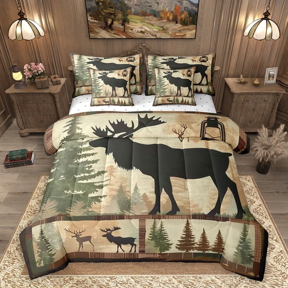 Homewish Wild Animal Moose 7-Piece Bedding Comforter Set,Tropical Botanical Tree King Bedding Sets,Rustic Farmhouse Cabin Bed Sheets For Adults,Breathable Home Decor Reversible