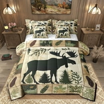 Homewish Wild Animal Moose 7-Piece Twin Bedding Sets,Country Farmhouse Lodge Bedding Comforter Set,Green Beige Sheet Sets For Boys Kids,Ultra Soft Home Decor Reversible