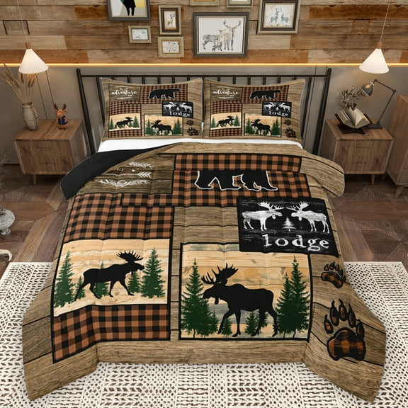 Homewish Wild Animal Moose Bedding Comforter Set,Country Farmhouse Lodge Twin Comforter Sets,Cartoon Bear Paws Bedding Set For Boys Kids,Luxury Bedroom Decor Reversible,2pcs