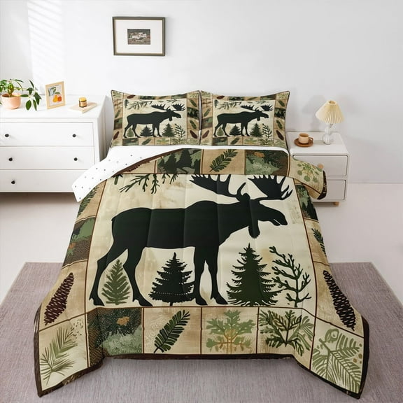 Homewish Wild Animal Moose Bedding Comforter Set,Country Farmhouse Lodge Twin Comforter Sets,Green Beige Bedding Set For Boys Kids,Ultra Soft Home Decor Reversible,2 Pieces