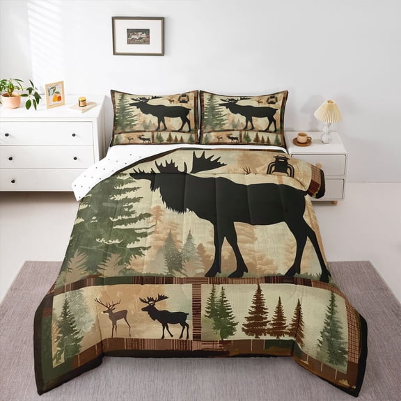 Homewish Wild Animal Moose Bedding Comforter Set,Tropical Botanical Tree Twin Comforter Sets,Rustic Farmhouse Cabin Bedding Set For Adults,Breathable Home Decor Reversible,2-Piece