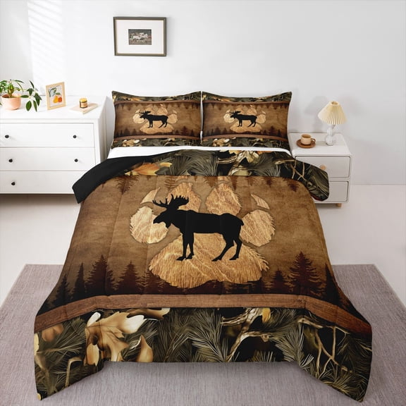 Homewish Wild Animal Moose Queen Comforter Set,Cute Bear Paws Bedding Sets,Rustic Autumn Leaves Bedding Comforter Set For Adults,Breathable Home Decor Reversible,3-Piece