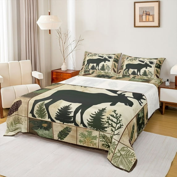 Homewish Wild Animal Moose Twin Sheet Sets,Country Farmhouse Lodge Twin Fitted Sheet,Green Beige Flat Sheet For Boys Kids,Ultra Soft Home Decor,3 Pieces