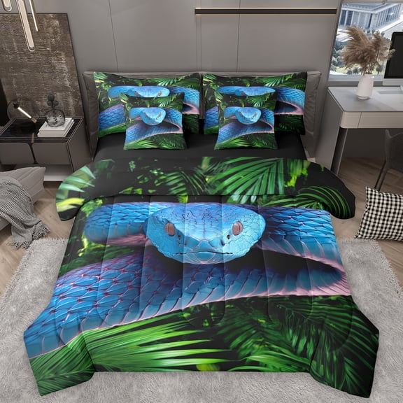 Homewish Wild Animal Snake 7 Pieces Bedding Comforter Set,Tropical Plam Leaf Full Bedding Set,Green Blue Fitted Sheet Flat Sheet For Adults,Microfiber Bedroom Decor Reversible