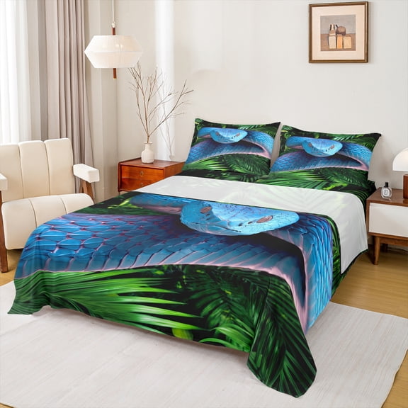 Homewish Wild Animal Snake Bed Sheets,Tropical Plam Leaf King Sheets,Green Blue Sheet Set For Adults,Microfiber Bedroom Decor,4pcs
