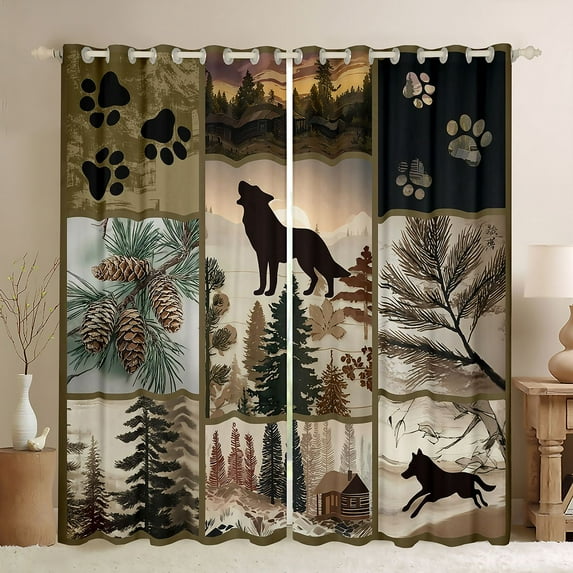 Homewish Wild Animal Wolf Curtains Pack of 2 (42x84 Each),Country Plant Leaves Curtains Blackout,Rustic Farmhouse Cabin Bedroom Curtains For Kids,Luxury Bedroom Decor
