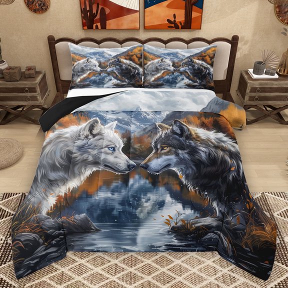 Homewish Wild Animal Wolves Queen Comforter Set,Rustic Farmhouse Cabin Bedding Sets,Brown White Gray Bedding Comforter Set For Teens,Luxury Bedroom Decor Reversible,3-Piece