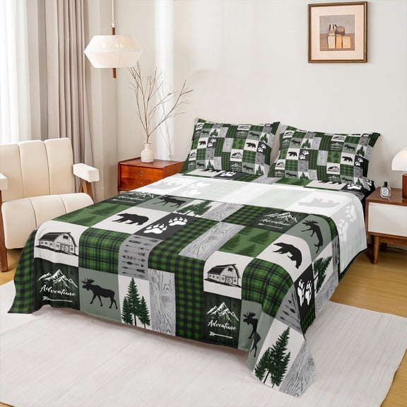 Homewish Wild Baer Paws Queen Sheet Sets,Woodland Animal Deer Flat Sheet,Green Gray Grid Queen Fitted Sheet For Teens,Super Cozy Room Decor,4-Piece