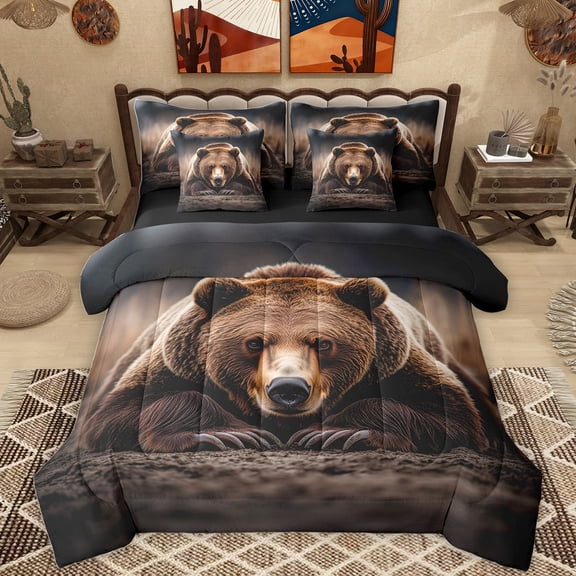 Homewish Wild Bear 7-Piece Twin Bedding Sets,Jungle Animal Bedding Comforter Set,Country Farmhouse Lodge Sheet Sets For Boys Kids,Breathable Home Decor Reversible