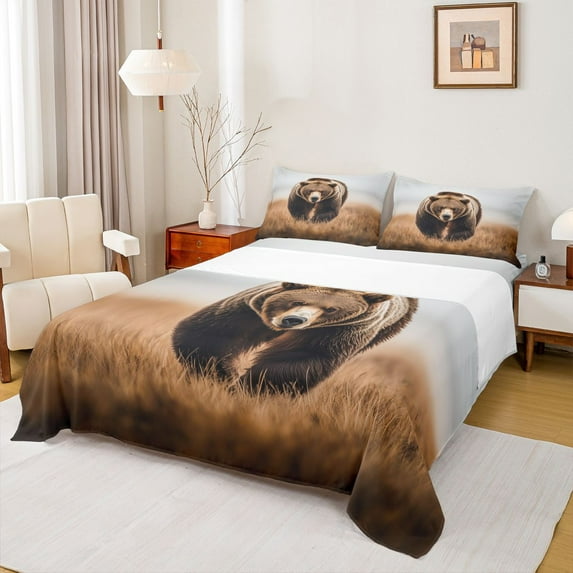 Homewish Wild Bear King Sheet Set (4-Piece) Jungle Animal Rustic Breathable Decor For Boys Kids