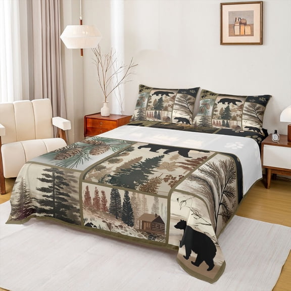 Homewish Wild Bear Bed Sheets,Rustic Pine Cone King Sheets,Jungle Animal Sheet Set For Boys Kids,Breathable Home Decor,4 Pieces