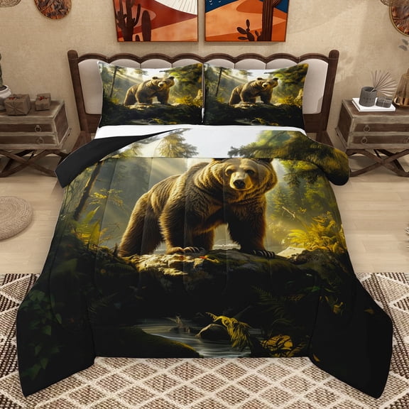 Homewish Wild Bear Bedding Comforter Set,Jungle Animal Twin Comforter Sets,Rustic Plant Tree Bedding Set For Boys Kids,Breathable Home Decor Reversible,2-Piece